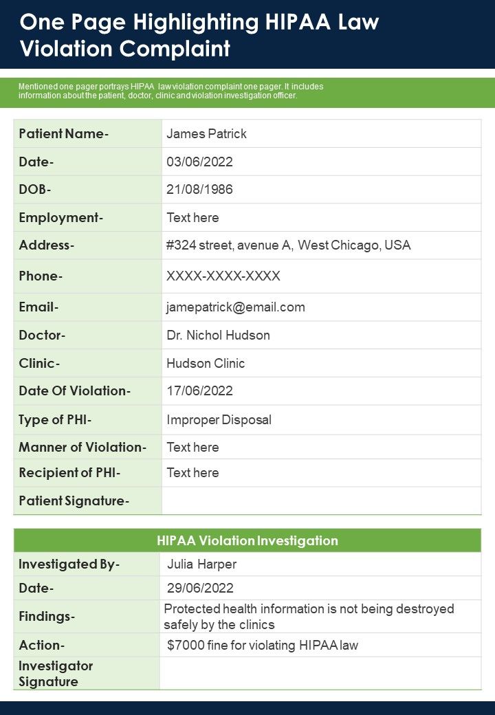 One Page Highlighting HIPAA Law Violation Complaint PDF Document PPT Template Slide01