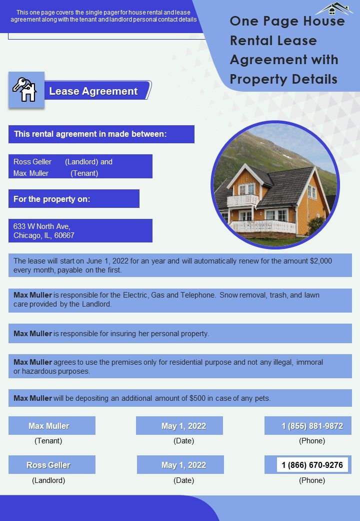 One Page House Rental Lease Agreement With Property Details PDF Document PPT Template Slide01