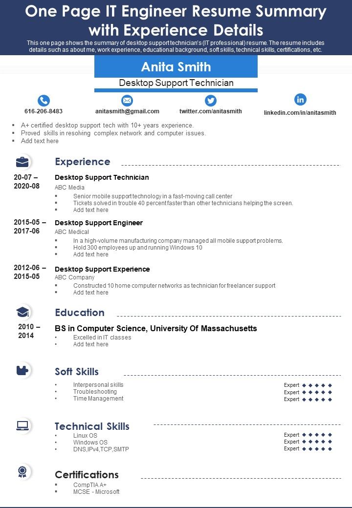 One_Page_IT_Engineer_Resume_Summary_With_Experience_Details_PDF_Document_PPT_Template_Slide_1.jpg