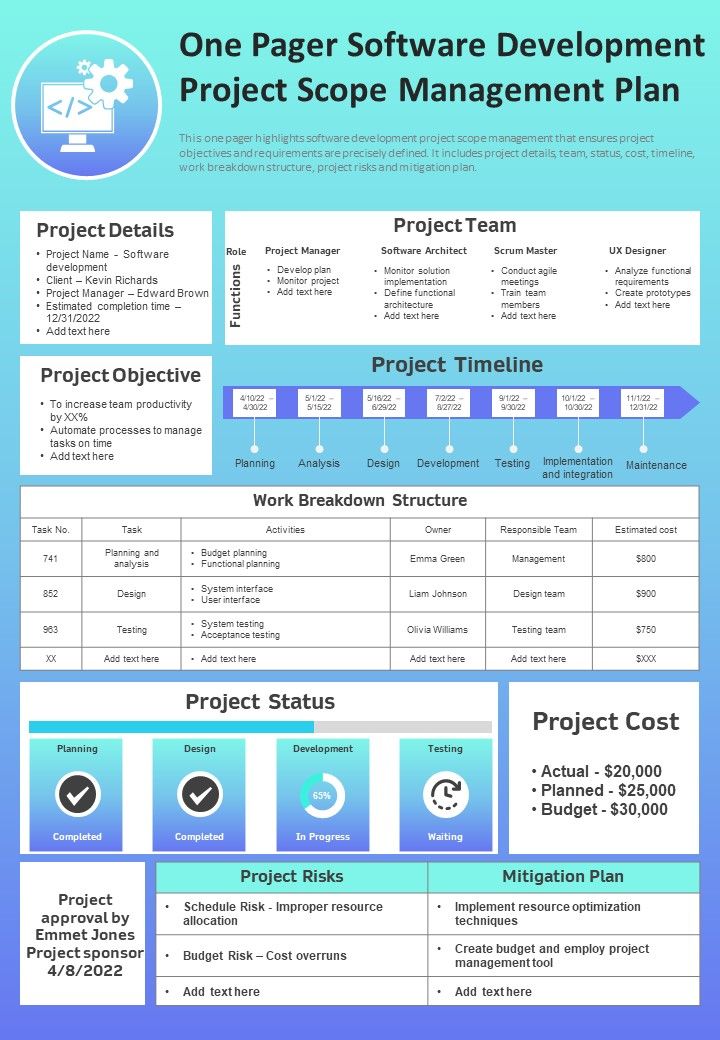 One Page IT Software Development Project Scope Administration Plan PDF Document PPT Template Slide01