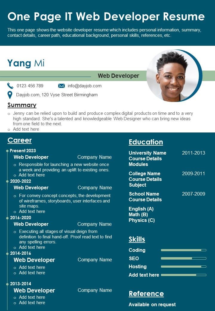 One Page IT Web Developer Resume PDF Document PPT Template Slide01