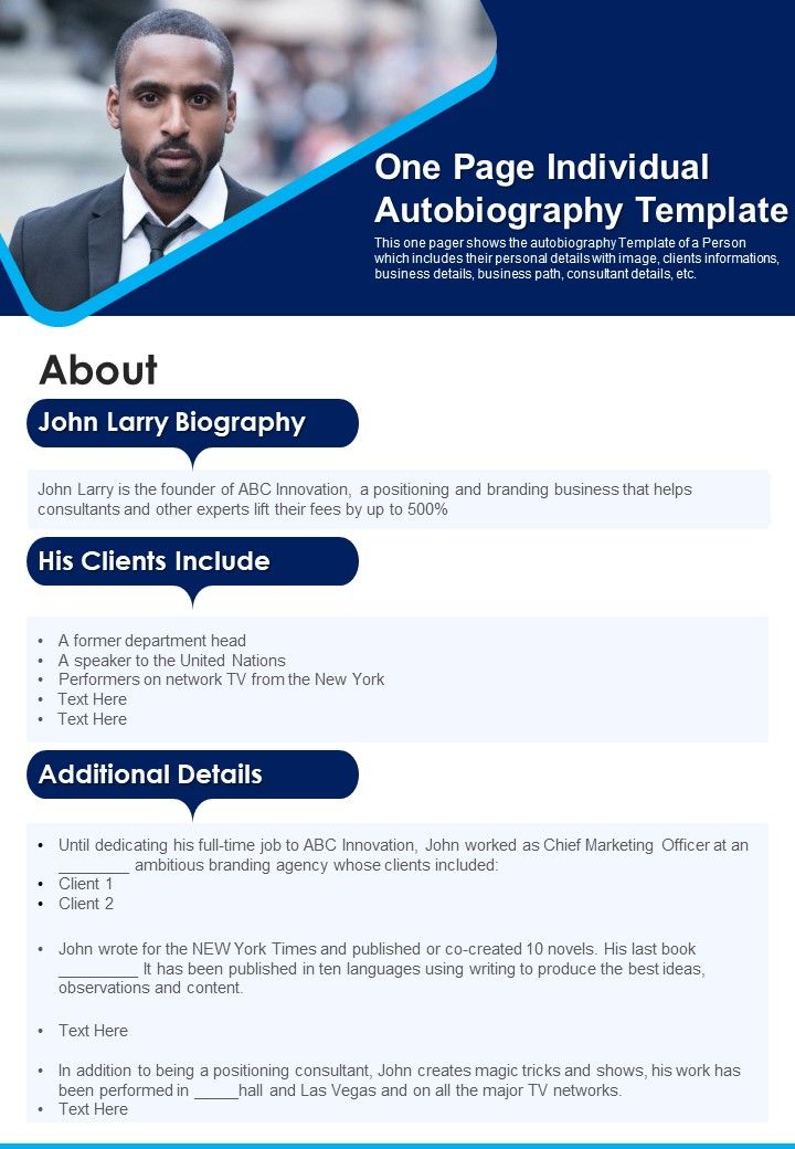 One Page Individual Autobiography Template PDF Document PPT Template Slide01