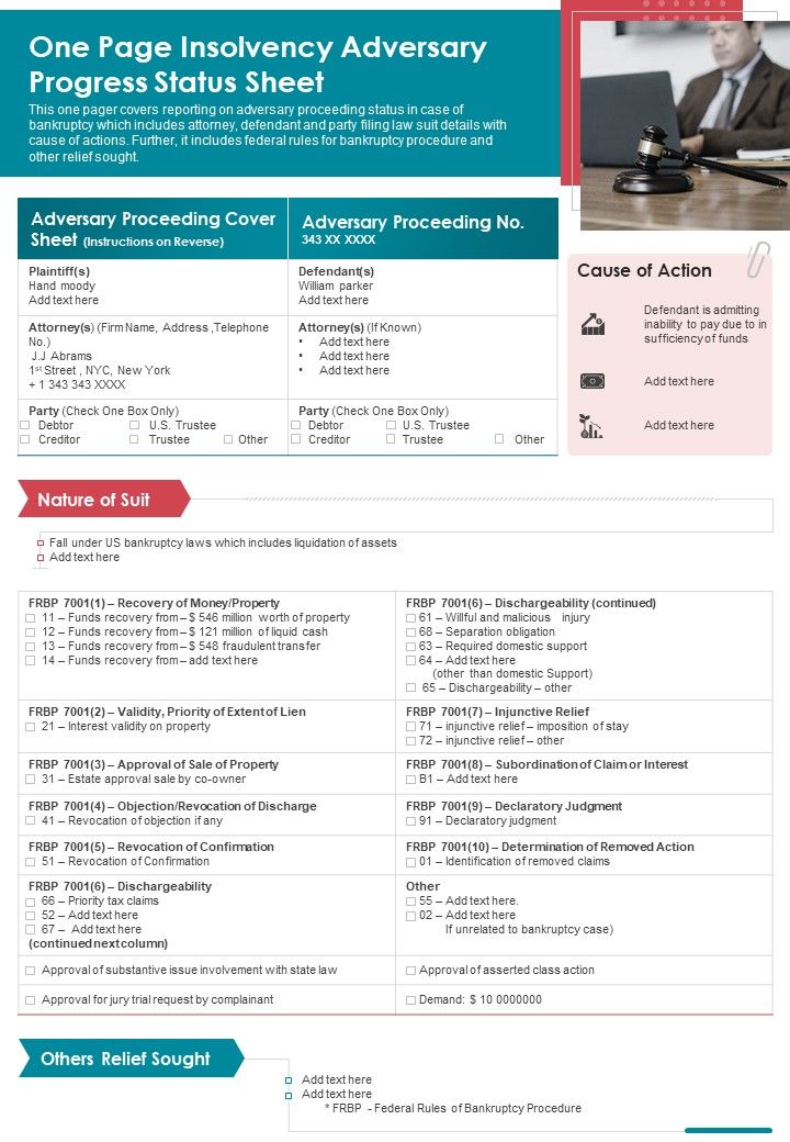 One Page Insolvency Adversary Progress Status Sheet PDF Document PPT Template Slide01