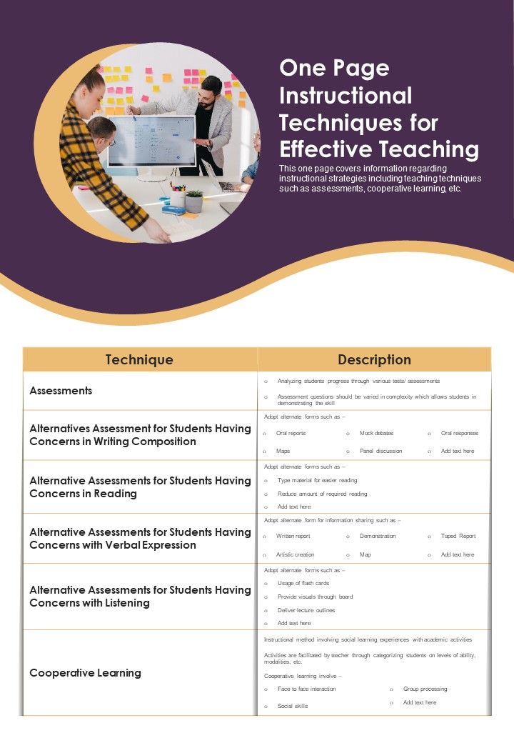 One Page Instructional Techniques For Effective Teaching PDF Document PPT Template Slide01