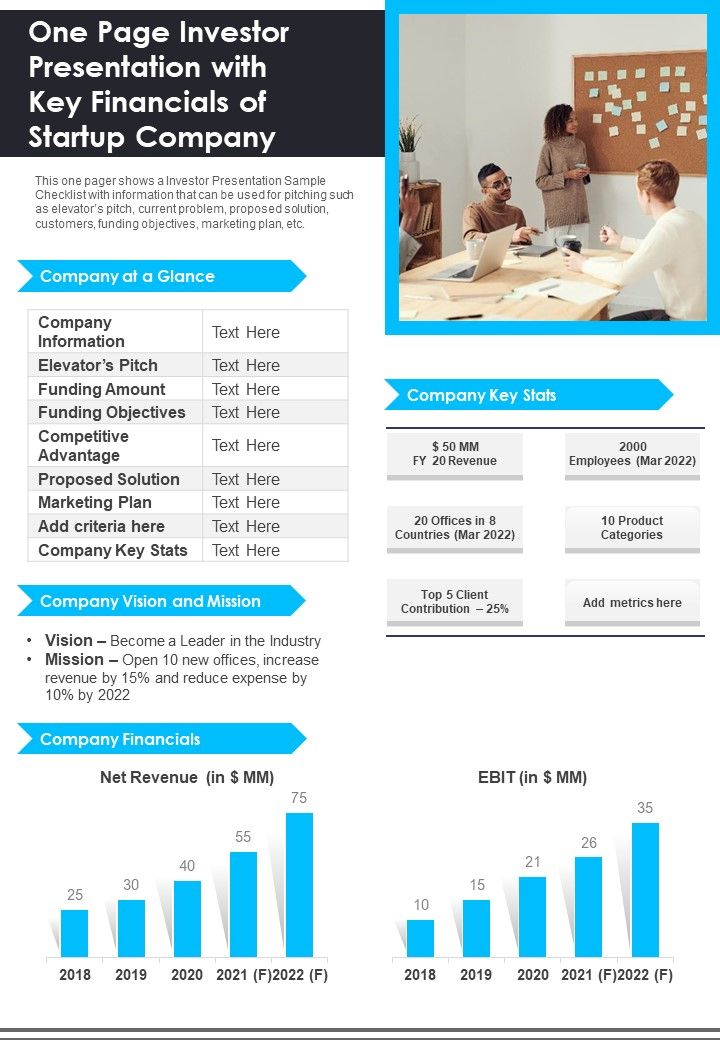 One Page Investor Presentation With Key Financials Of Startup Company PDF Document PPT Template Slide01
