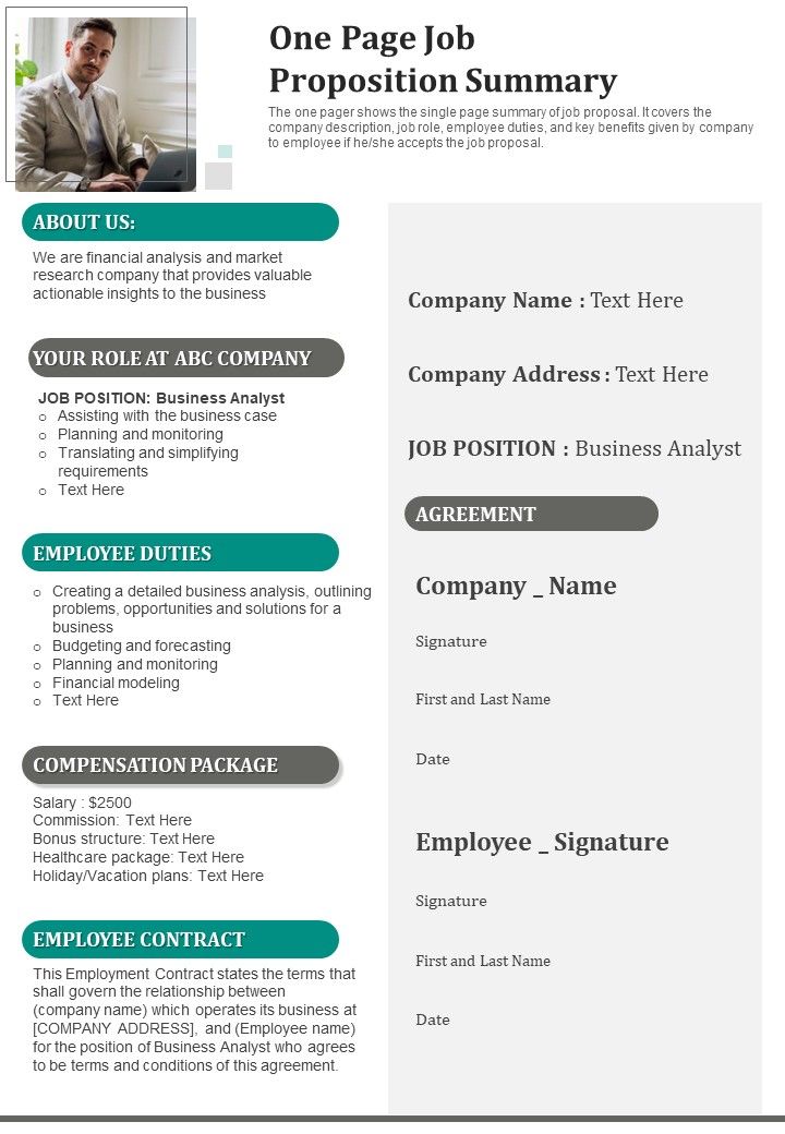 One Page Job Proposition Summary PDF Document PPT Template Slide01