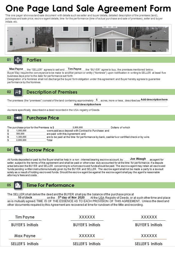 One Page Land Sale Agreement Form PDF Document PPT Template Slide01