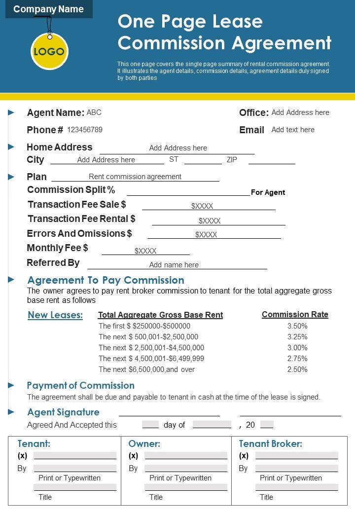 One Page Lease Commission Agreement PDF Document PPT Template Slide01