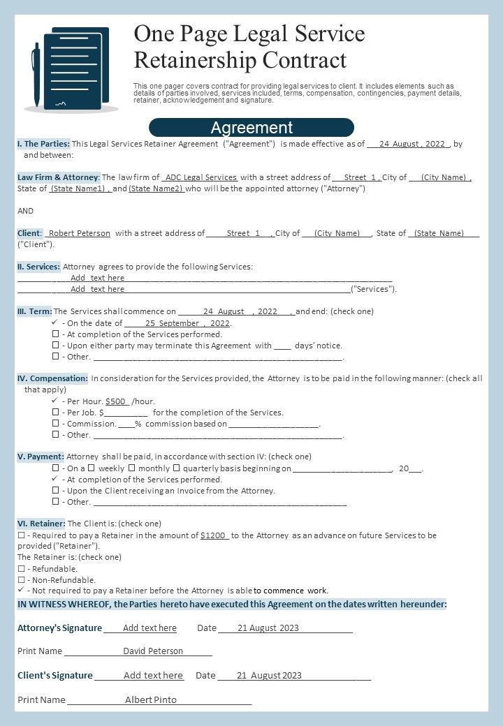 One Page Legal Service Retainership Contract PDF Document PPT Template Slide01