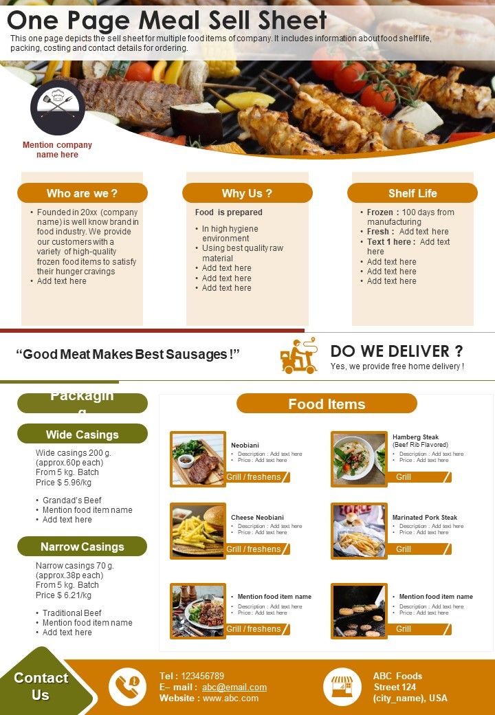 One Page Meal Sell Sheet PDF Document PPT Template Slide01