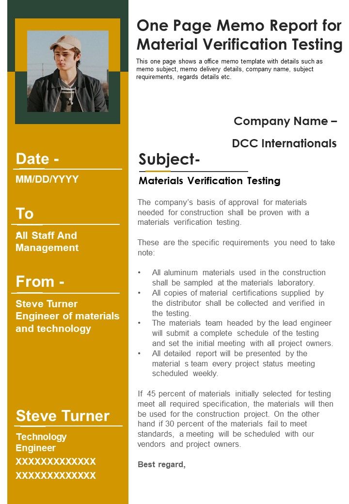 One Page Memo Report For Material Verification Testing PDF Document PPT Template Slide01