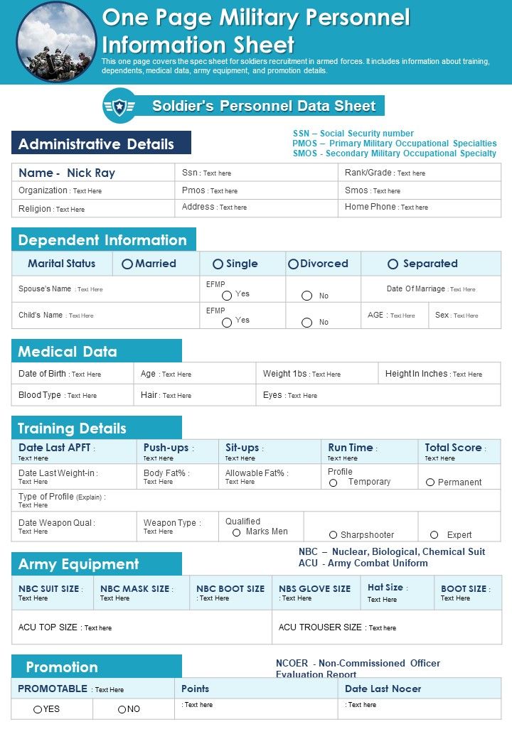 One Page Military Personnel Information Sheet PDF Document PPT Template Slide01