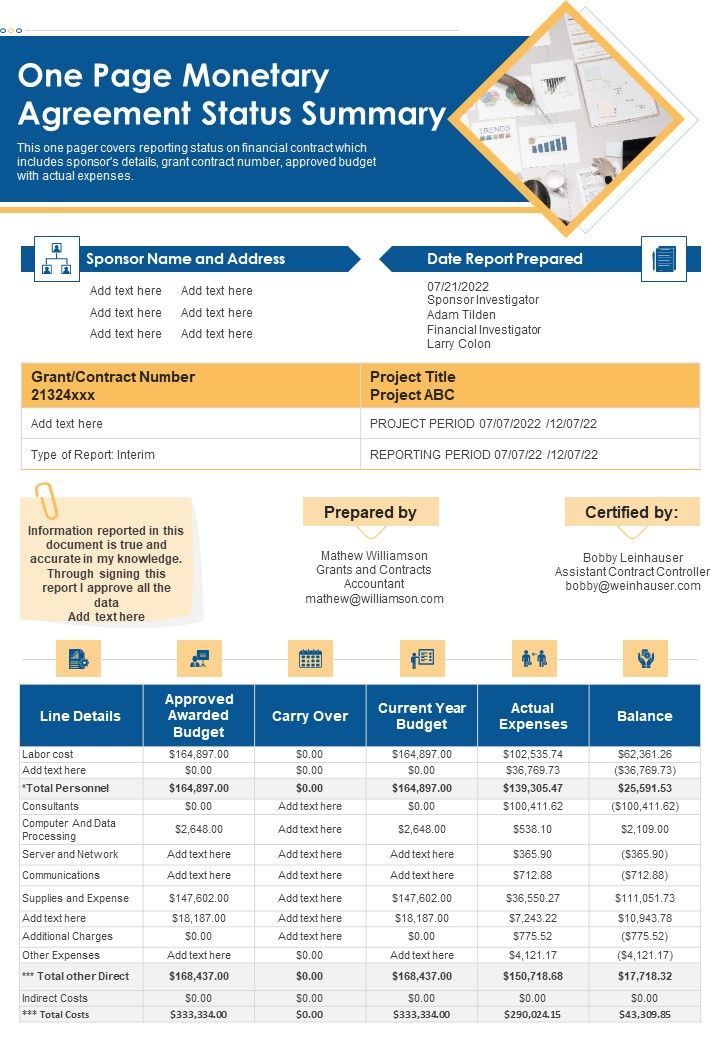 One Page Monetary Agreement Status Summary PDF Document PPT Template Slide01