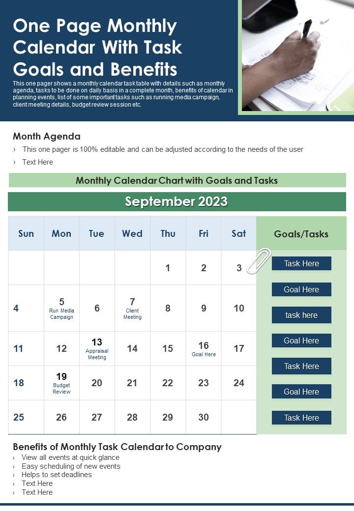 One Page Monthly Calendar With Task Goals And Benefits PDF Document PPT Template Slide01