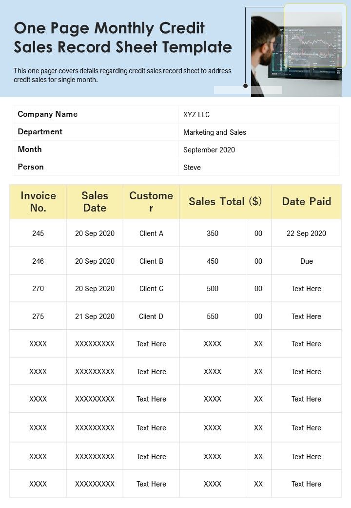 One Page Monthly Credit Sales Record Sheet Template PDF Document PPT Template Slide01