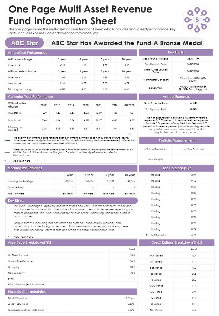 One Page Multi Asset Revenue Fund Information Sheet PDF Document PPT Template Slide01