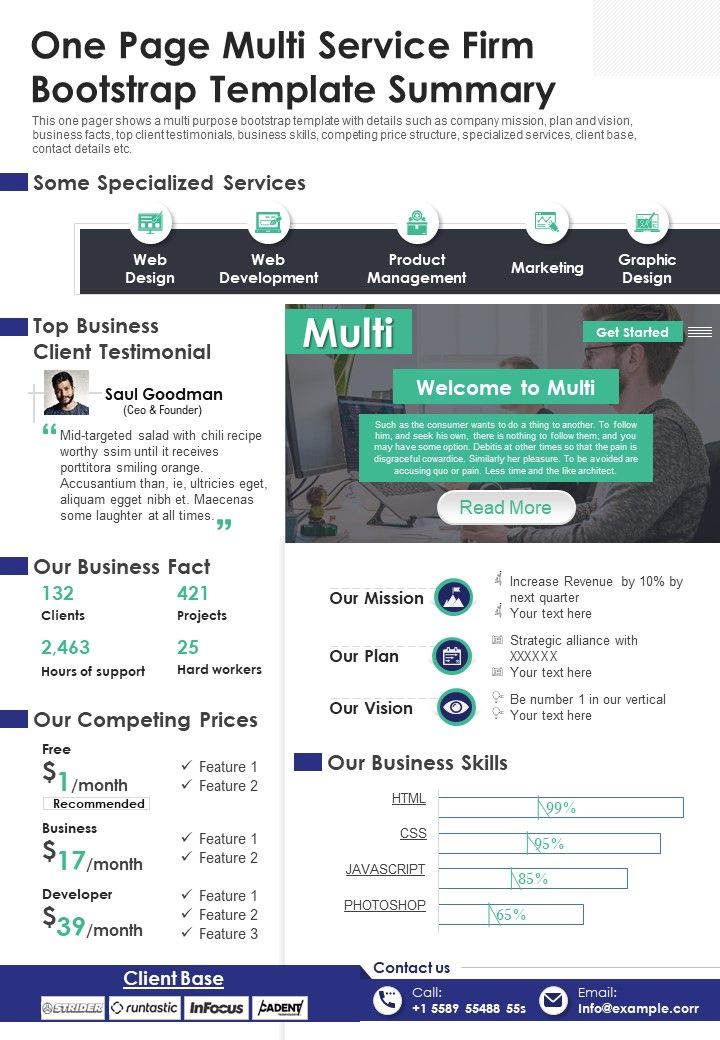 One Page Multi Service Firm Bootstrap Template Summary PDF Document PPT Template Slide01