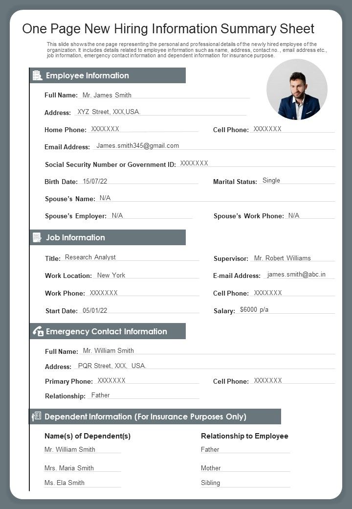 One Page New Hiring Information Summary Sheet PDF Document PPT Template Slide01