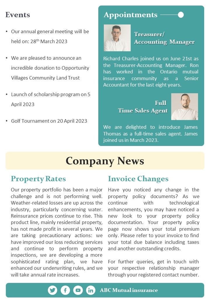 One Page Newsletter For Co Operative Insurance Enterprise PDF Document PPT Template