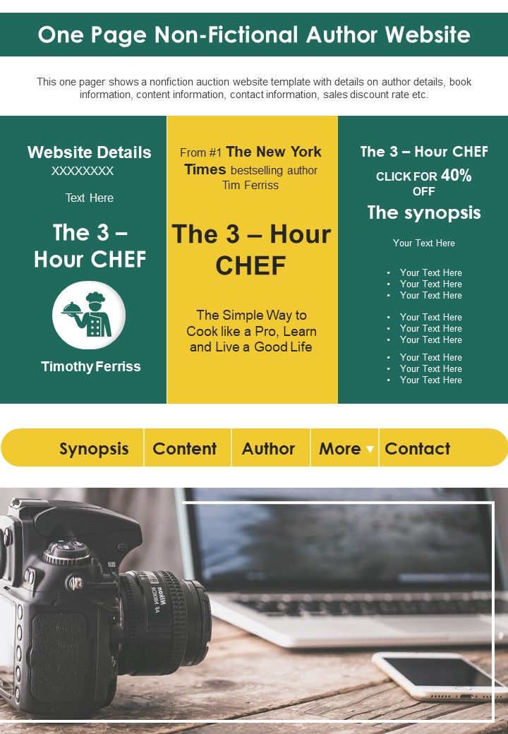One Page Non Fictional Author Website PDF Document PPT Template Slide01