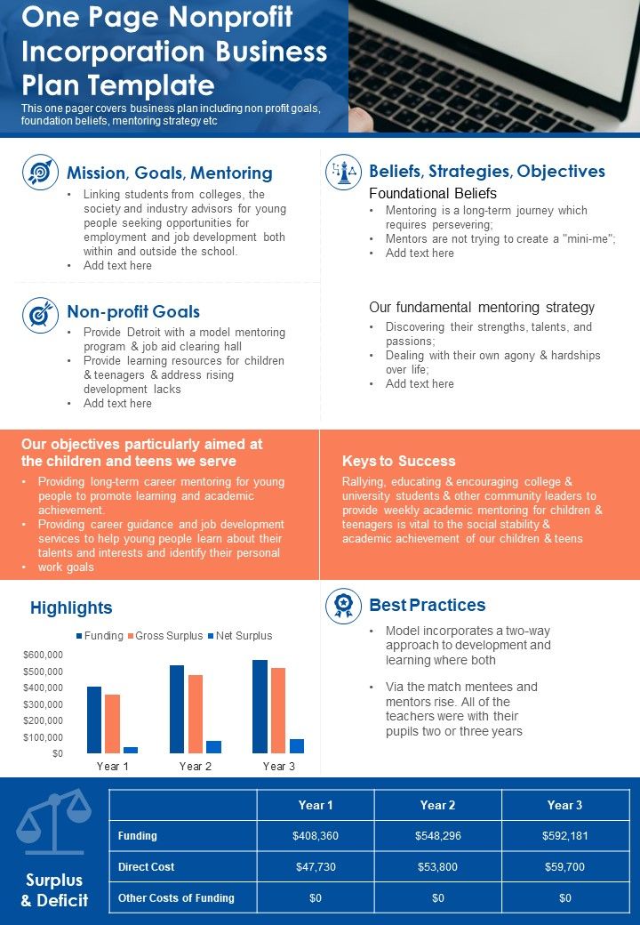 One Page Nonprofit Company Business Plan Template PDF Document PPT Template Slide01