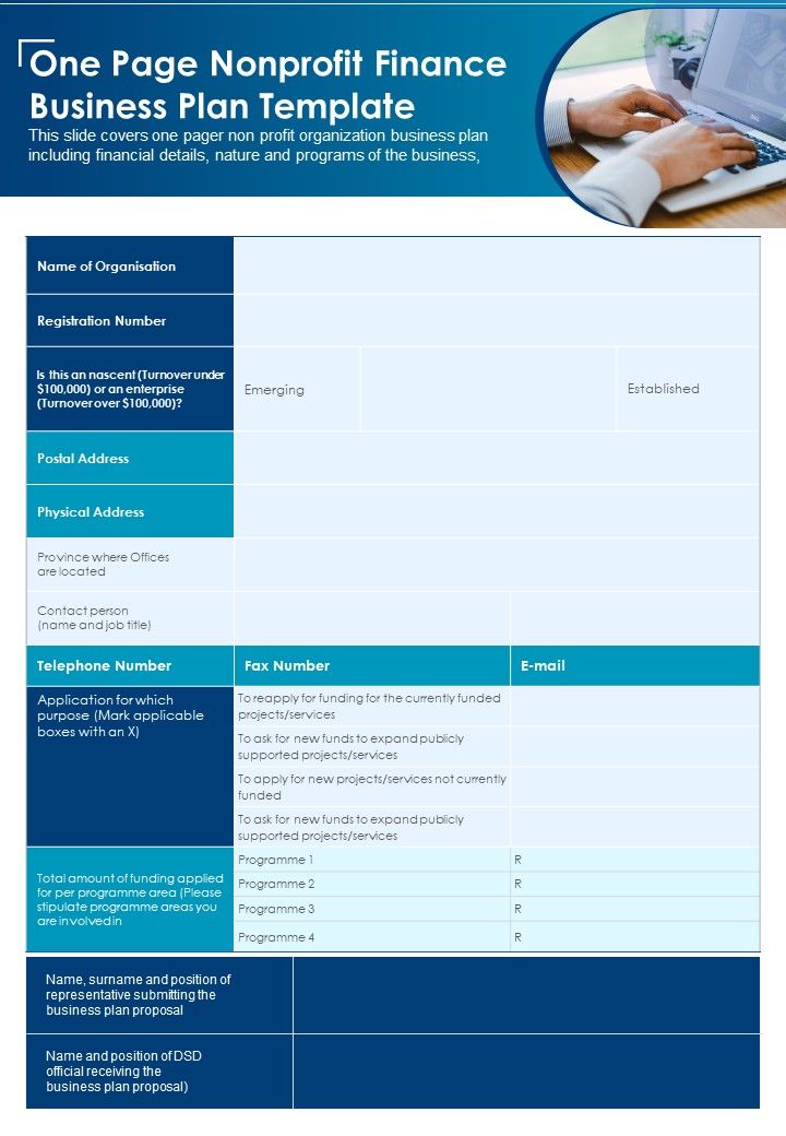 One Page Nonprofit Financial Business Plan Template PDF Document PPT Template Slide01
