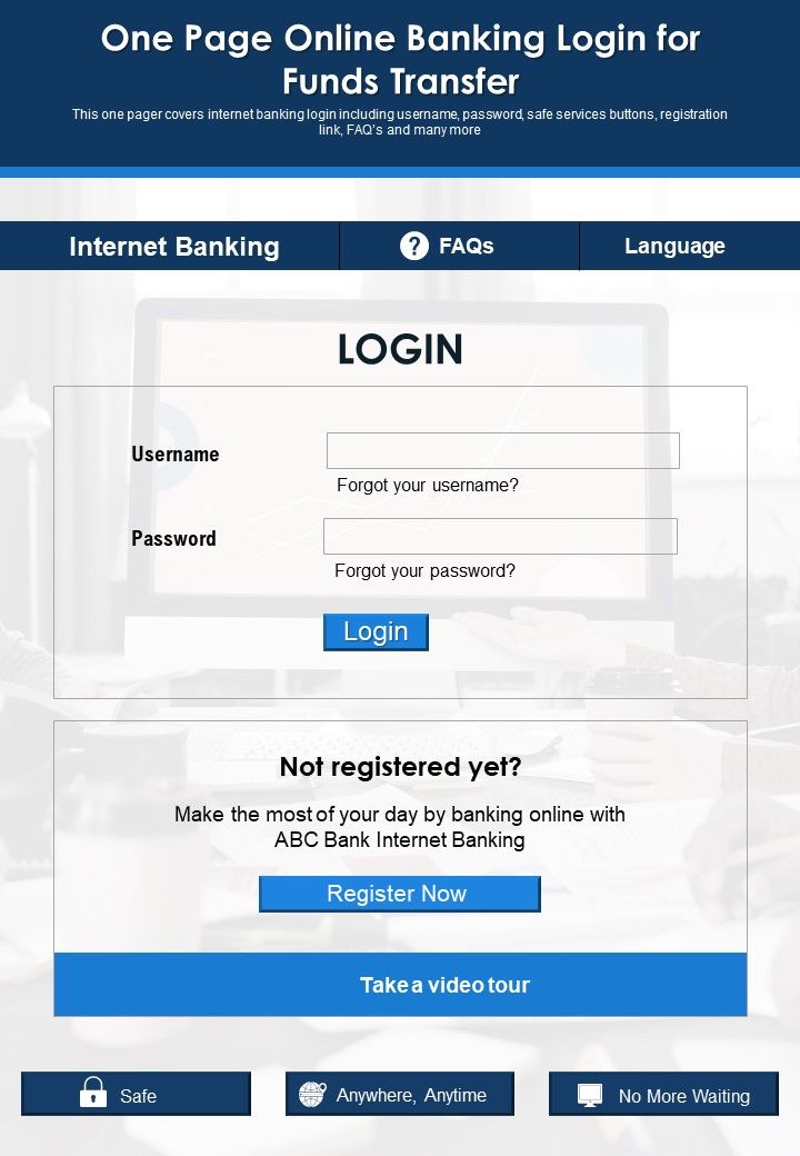 One Page Online Banking Login For Funds Transfer PDF Document PPT Template Slide01