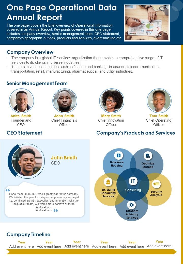 One Page Operational Data Annual Report PDF Document PPT Template Slide01