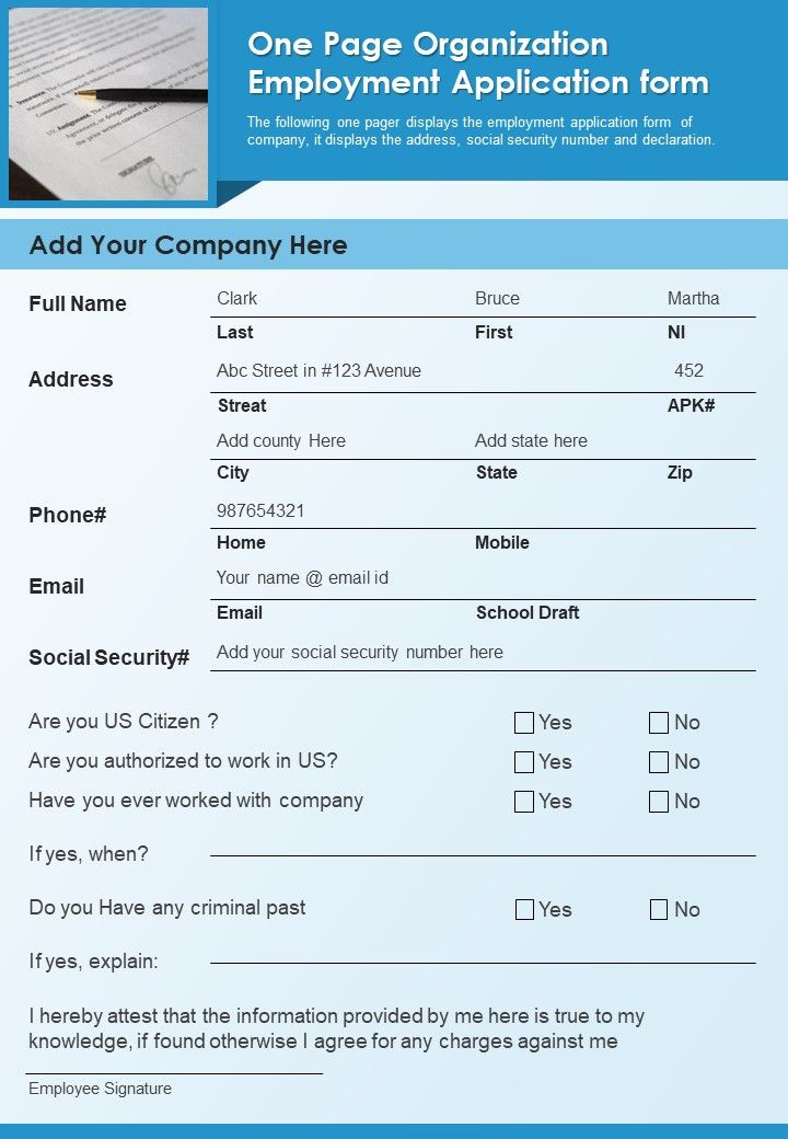 One Page Organization Employment Application Form PDF Document PPT Template Slide01