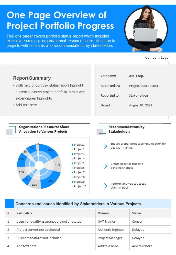 One Page Overview Of Project Portfolio Progress PDF Document PPT Template Slide01