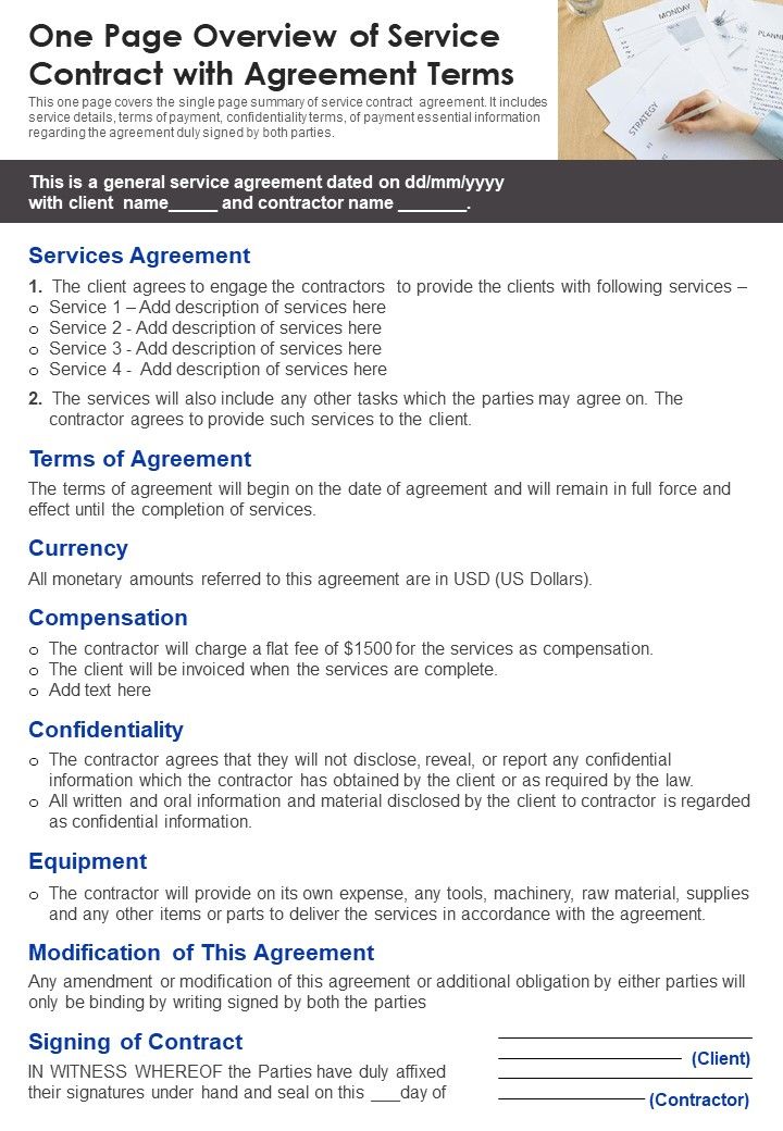 One Page Overview Of Service Contract With Agreement Terms PDF Document PPT Template Slide01