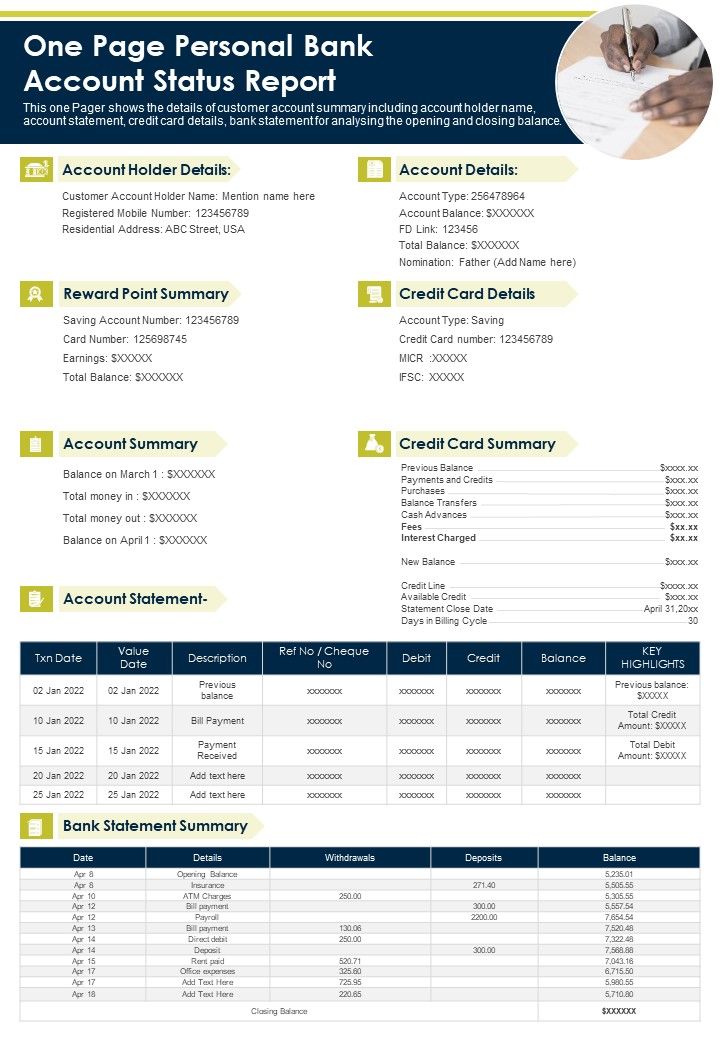One Page Personal Bank Account Status Report PDF Document PPT Template Slide01