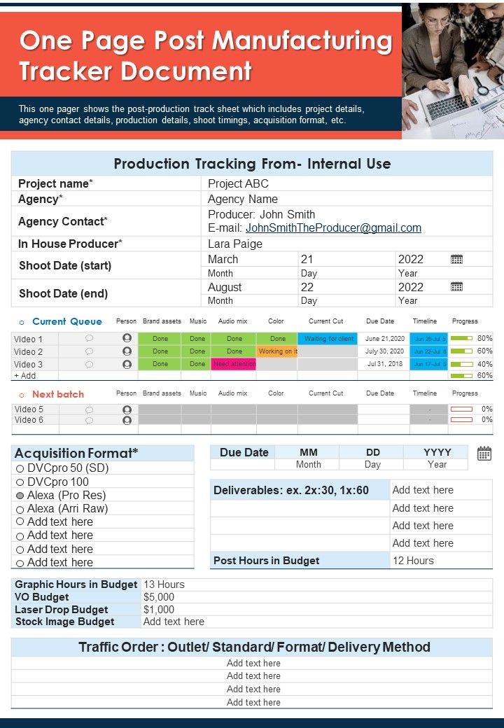 One Page Post Manufacturing Tracker Document PDF Document PPT Template Slide01