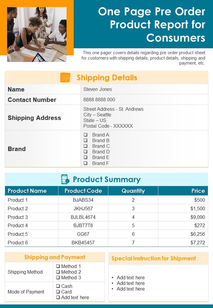 One Page Pre Order Product Report For Consumers PDF Document PPT Template Slide01
