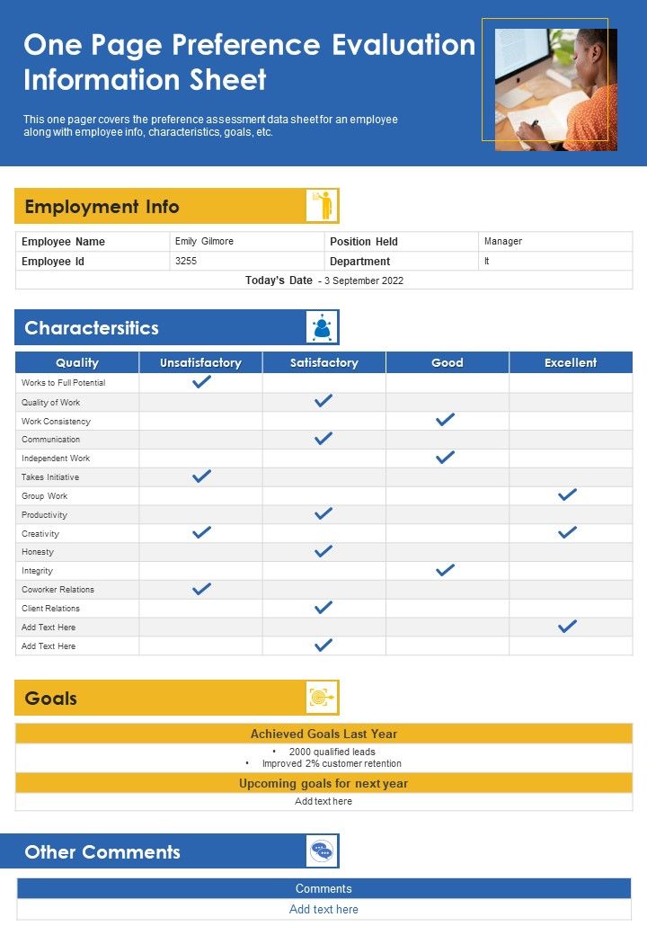 One Page Preference Evaluation Information Sheet PDF Document PPT Template Slide01