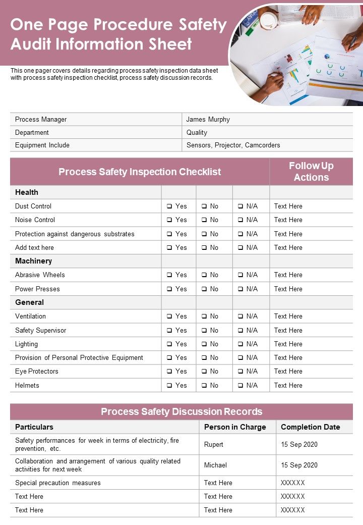 One Page Procedure Safety Audit Information Sheet PDF Document PPT Template Slide01