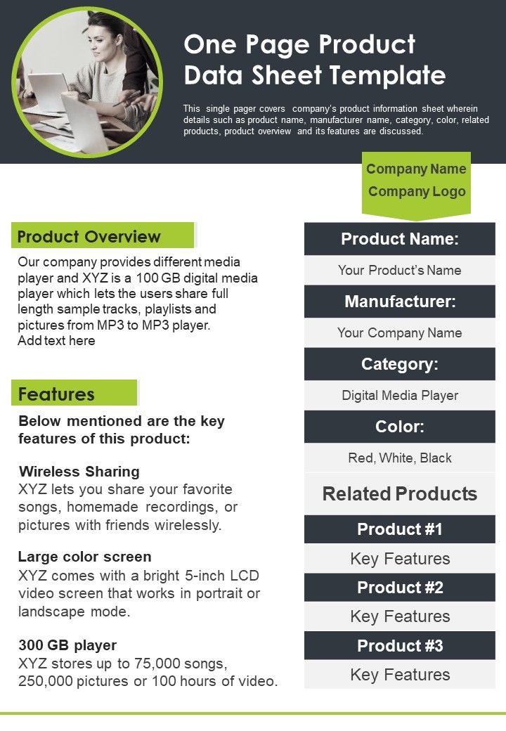 One Page Product Data Sheet Template PDF Document PPT Template Slide01