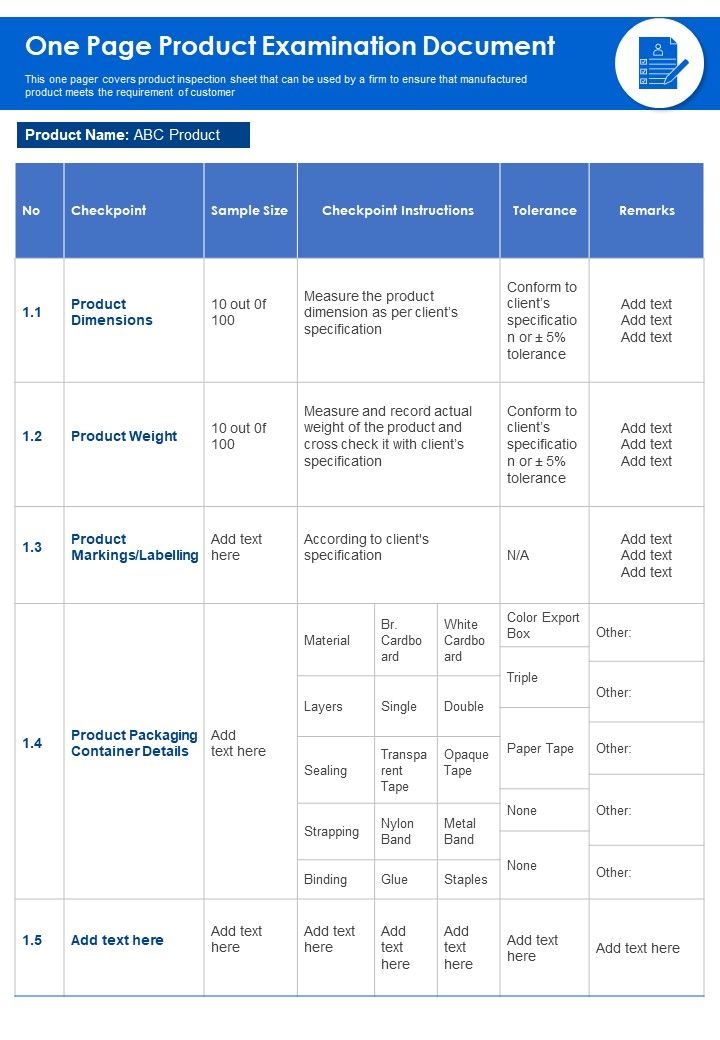 One Page Product Examination Document PDF Document PPT Template Slide01