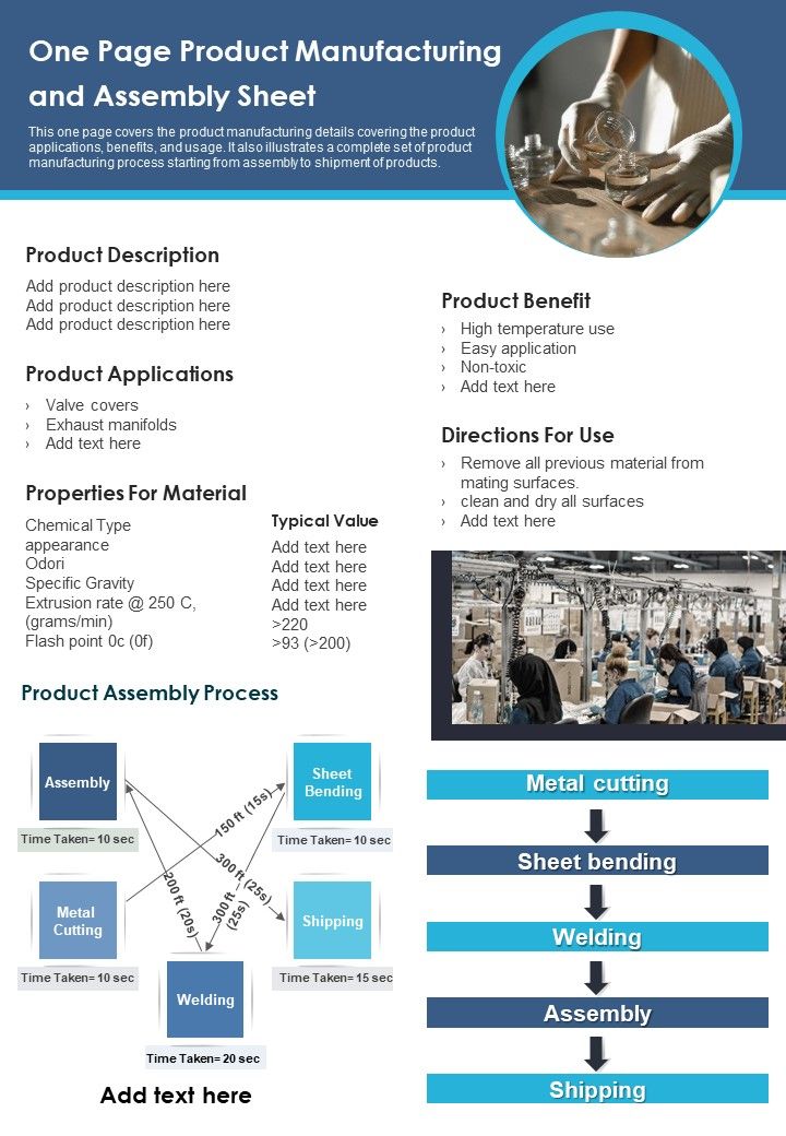 One Page Product Manufacturing And Assembly Sheet PDF Document PPT Template Slide01