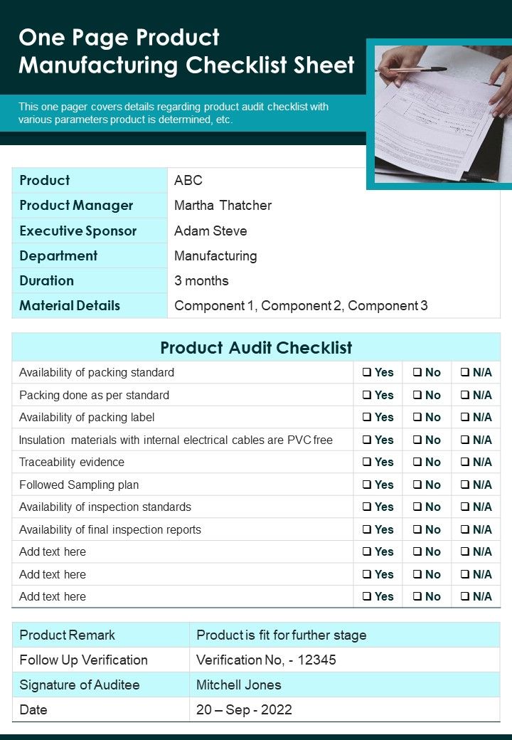 One Page Product Manufacturing Checklist Sheet PDF Document PPT Template Slide01