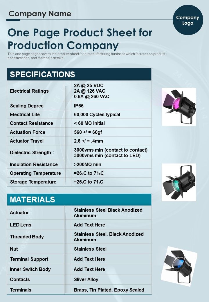 One Page Product Sheet For Production Company PDF Document PPT Template Slide01