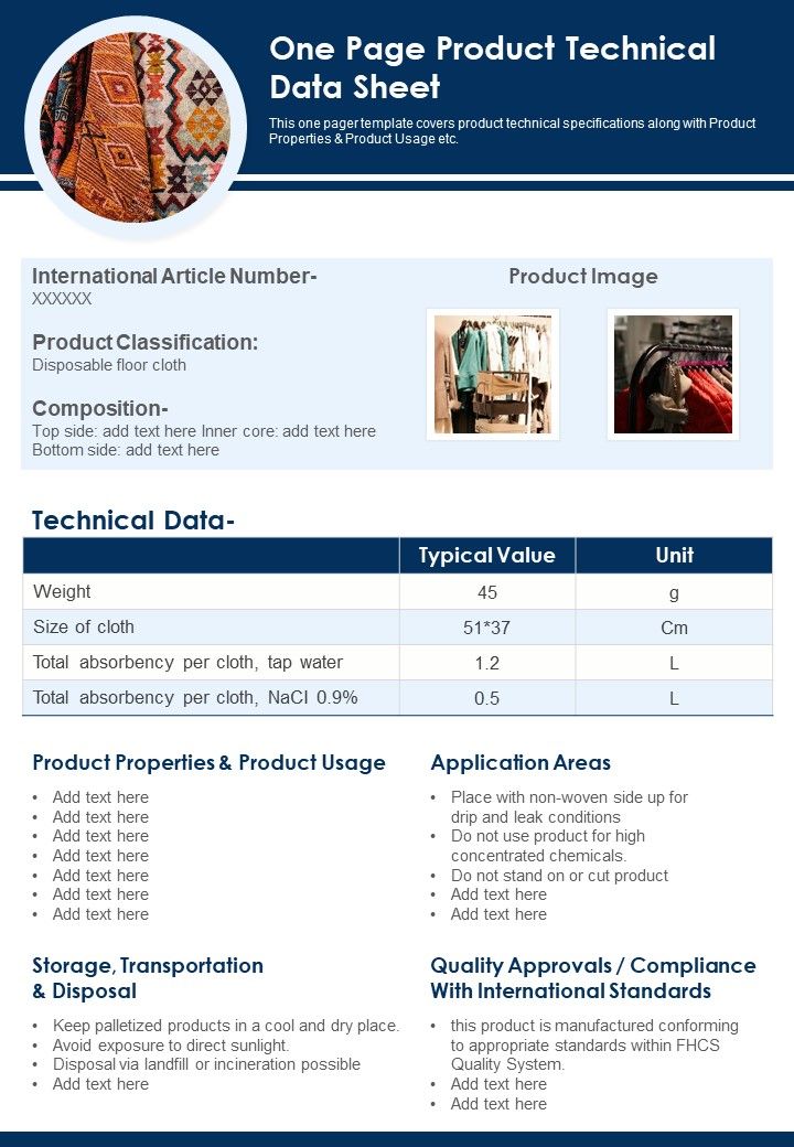 One Page Product Technical Data Sheet PDF Document PPT Template Slide01