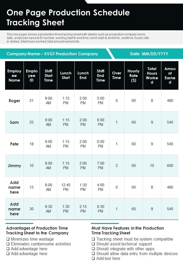 One Page Production Schedule Tracking Sheet PDF Document PPT Template Slide01