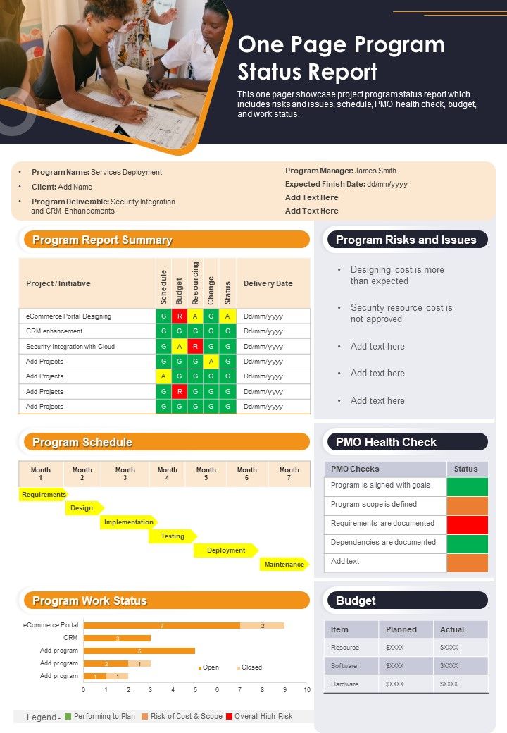 One Page Program Status Report PDF Document PPT Template Slide01