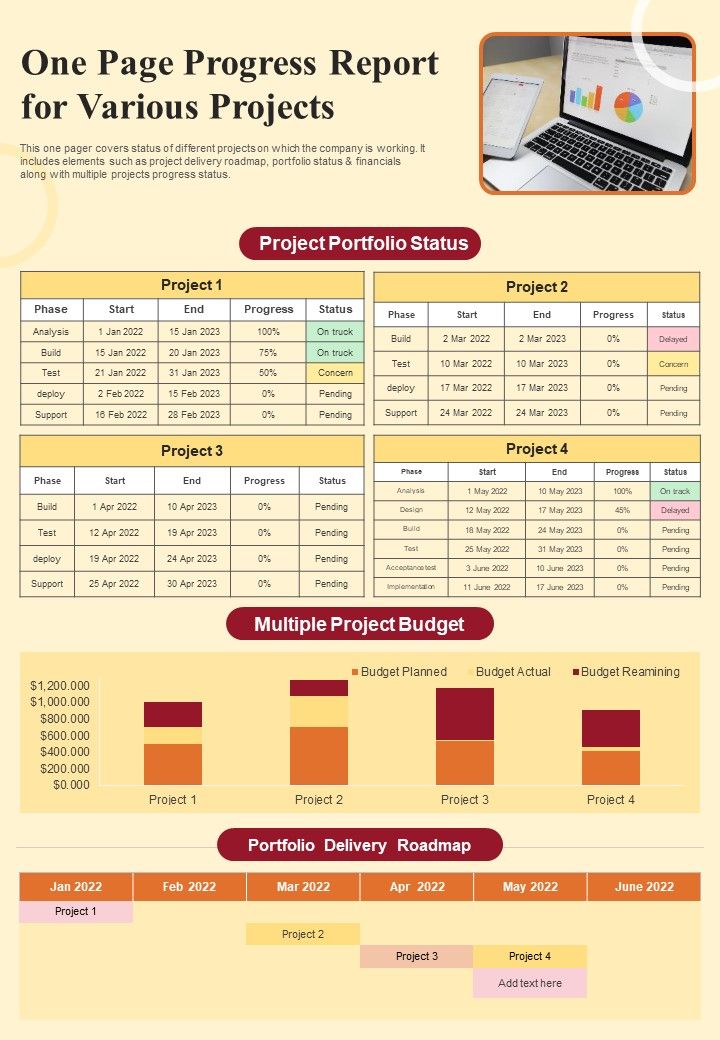 One Page Progress Report For Various Projects PDF Document PPT Template Slide01