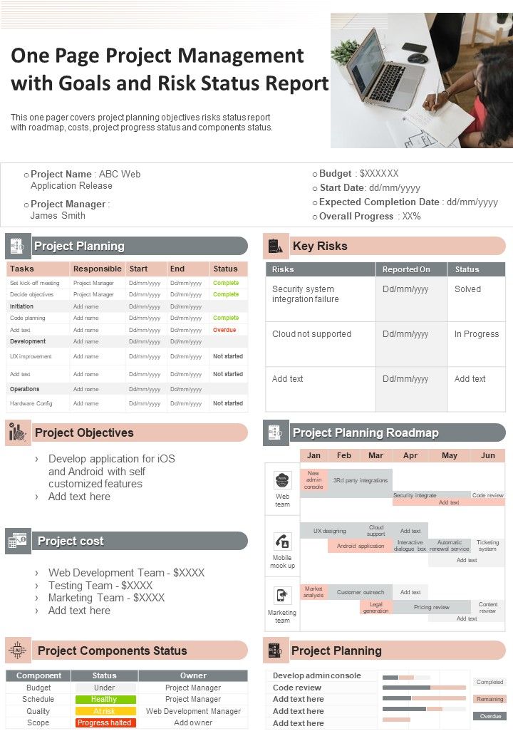 One Page Project Management With Goals And Risk Status Report PDF Document PPT Template Slide01