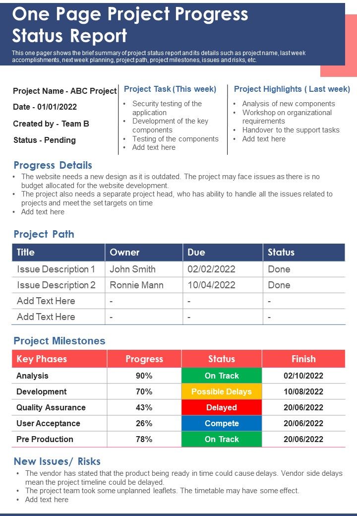 One Page Project Progress Status Report PDF Document PPT Template Slide01
