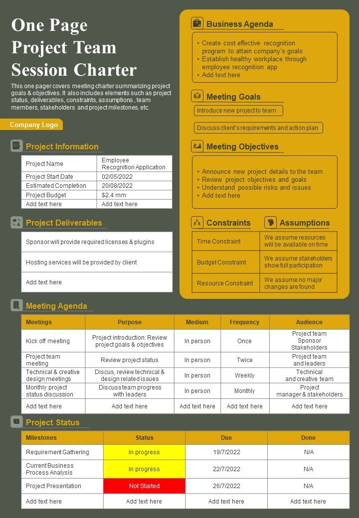 One Page Project Team Session Charter PDF Document PPT Template Slide01