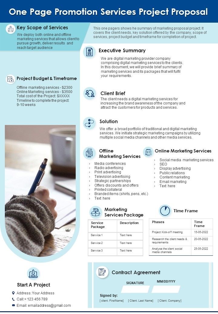 One Page Promotion Services Project Proposal PDF Document PPT Template Slide01