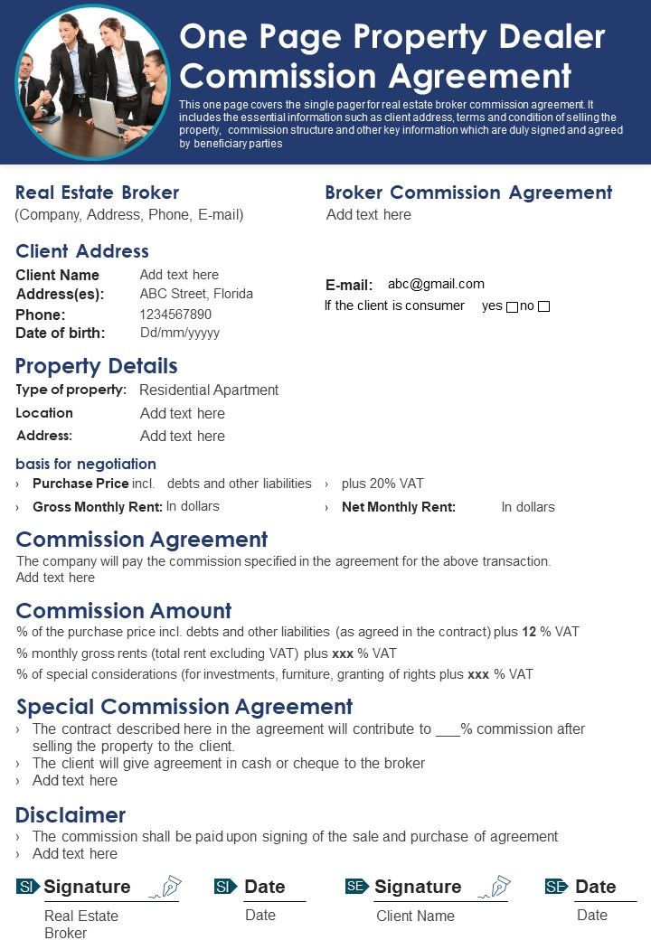 One Page Property Dealer Commission Agreement PDF Document PPT Template Slide01